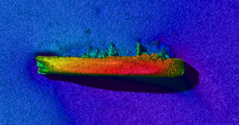 Sjöfartsverkets djupdatabild visar S/S Skytteren som ligger utanför Lysekil. Ingen vet exakt hur mycket bränsle som finns ombord och hur mycket som redan har läckt ut. Foto: Sjöfartsverket