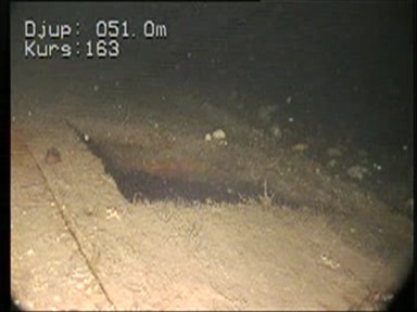 Bild från en video som spelats in av en fjärrstyrd farkost på S/S Skytteren där hon ligger på över 50 meters djup. Foto: Sjöfartsverket