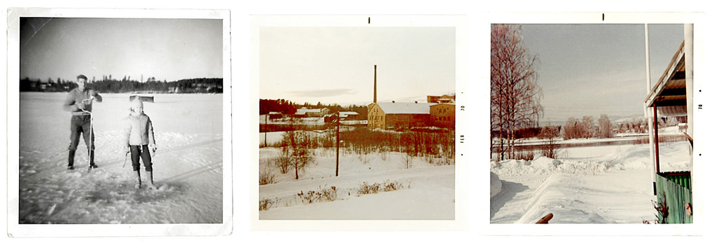 Monica Linds egna bilder visar hur det kunde se ut i Skarmyra på 60-talet. Till vänster isfiske på Långsjön. I mitten syns textilfabriken. Till höger utsikt från familjens vardagsrumsfönster.