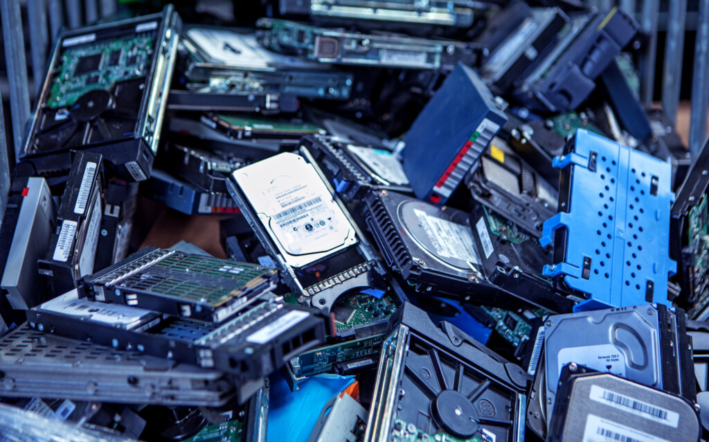 Hårddiskar ligger i en hög
