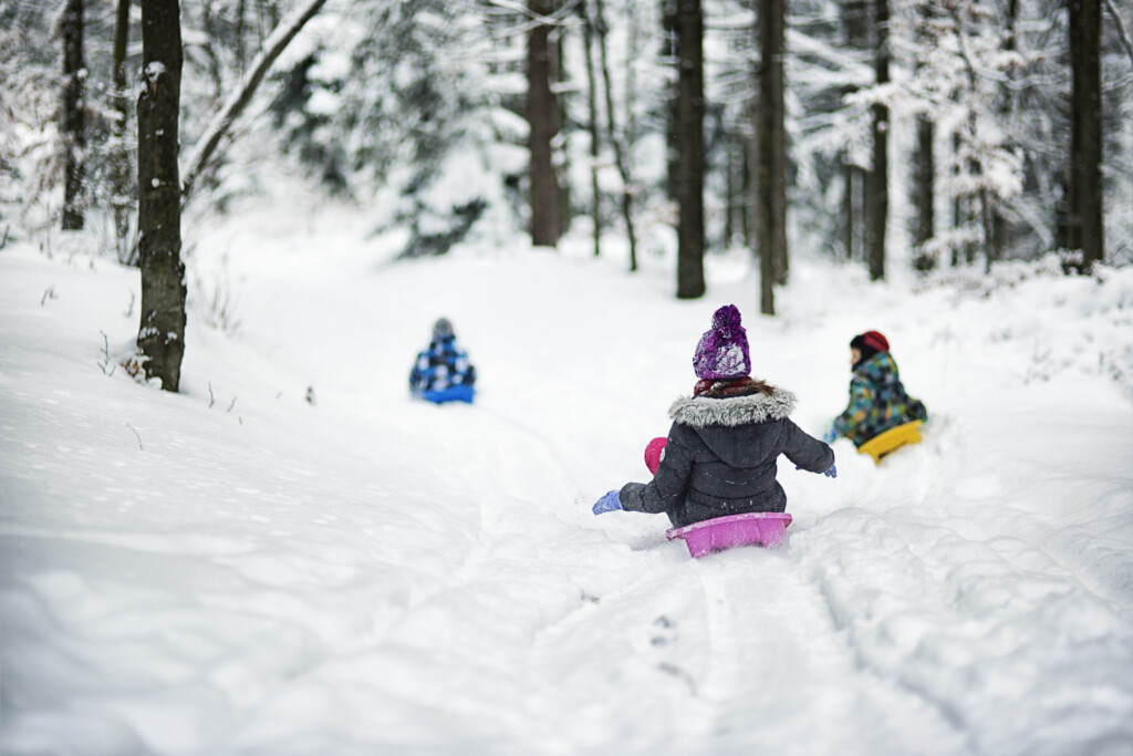 Tre barn åker pulka i snön