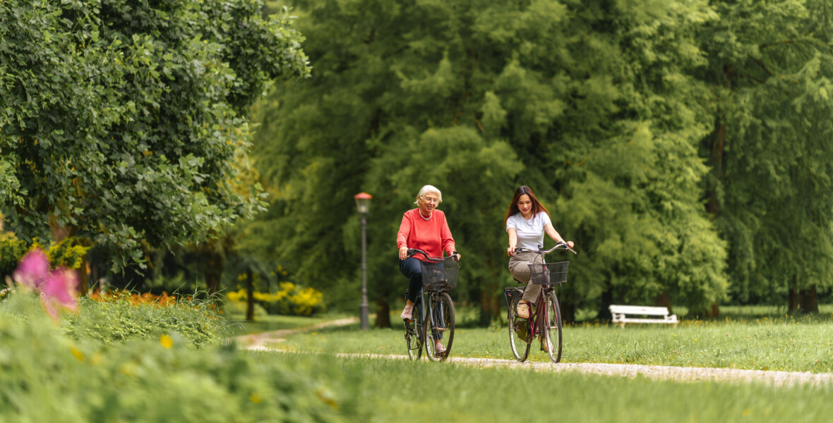 Två personer cyklar i en park