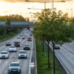 Trafikerad väg i skymning